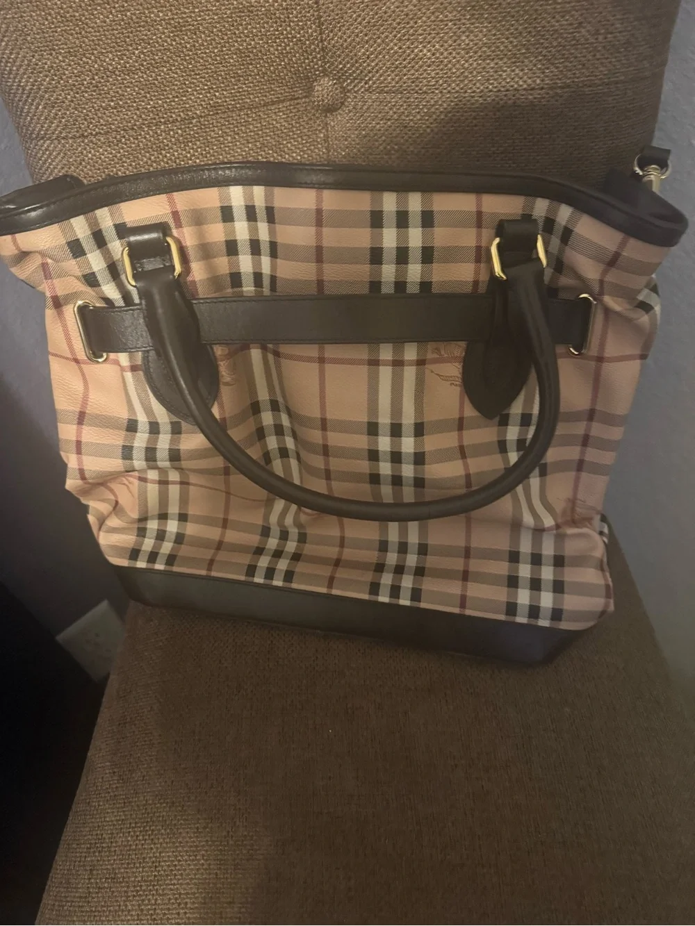 Burberry Beige Plaid Tote with Dark Brown Trim